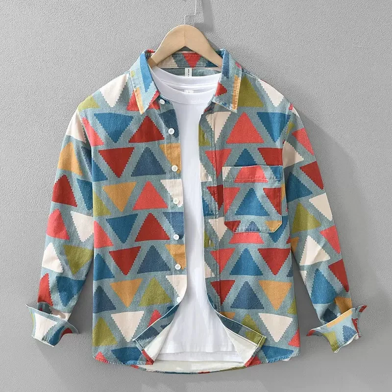 

Осенне-весенняя новинка: модная ретро-рубашка с принтом, из чистого хлопка, с длинным рукавом, мужская, повседневная, свободного кроя, высокого качества.