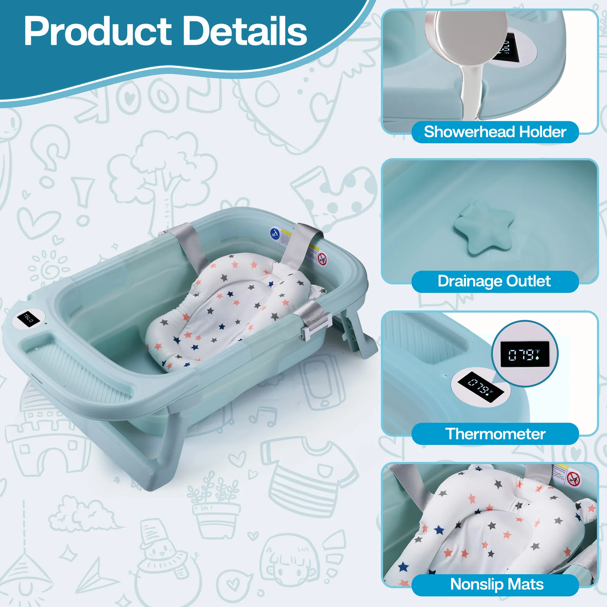 Baignoire pour bébé, baignoire pour bébé avec coussin doux et Therye.com, baignoire pour bébé nouveau-né à tout-petit de 0 à 36 mois, baignoire de voyage portable pour bébé