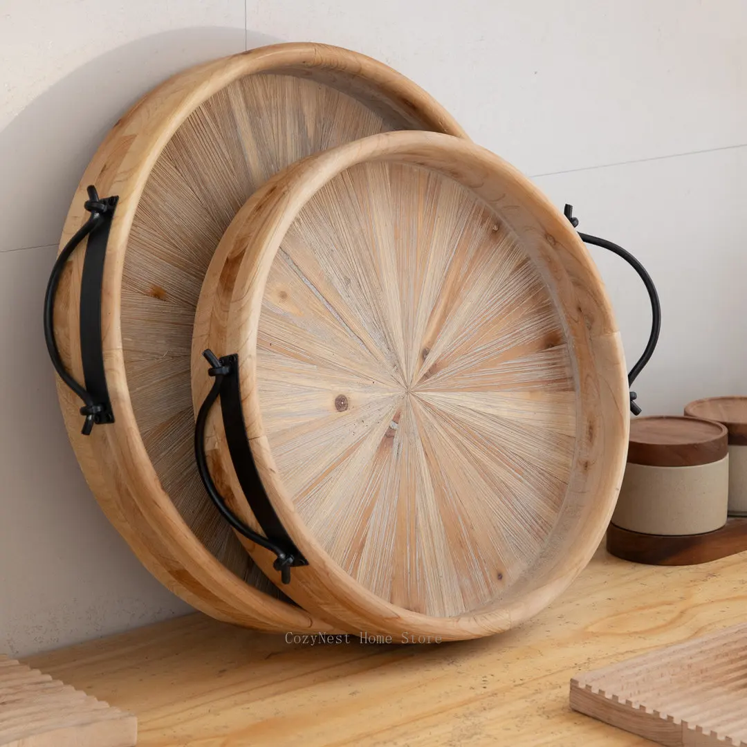 Solid wood refreshment coffee round snack plate, tray decorative plate ornament