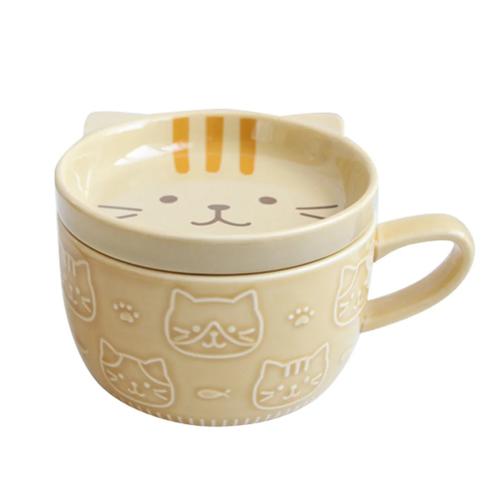 

Ceramic Coffee Mugs with Lid Cute Cat Porcelain Cup Family Breakfast Milk Juice Cup Beverage(Yellow)