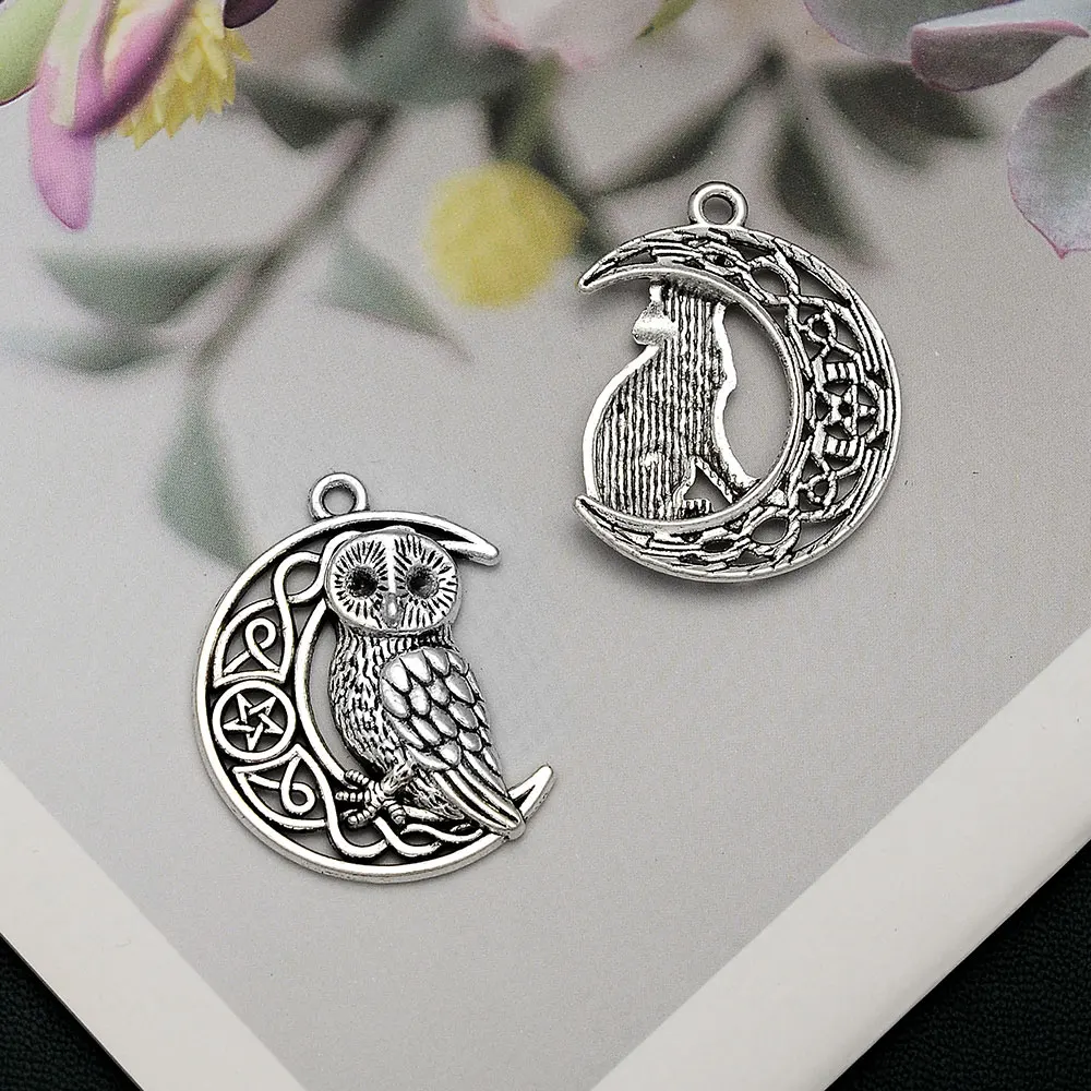 5pcs/Lots 33x26mm Vintage ViKing Wolf Owl Charms Vikingar Moon Pendant For DIY Jewelry Necklace Keychain Making Accessories