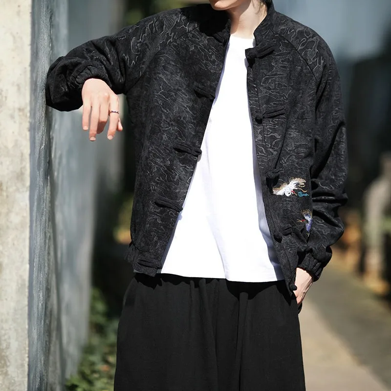 Ricamo gru in stile cinese da uomo Colletto rialzato abbottonato in stile cinese Abito Tang Primavera Casual Cappotto taglie forti Tendenza moda
