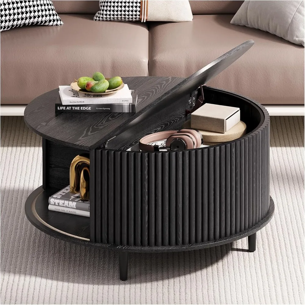 

Round Coffee Table with Storage, 31.5 Modern Coffee Table with Sliding Door & Solid Wood Legs, Minimalist Fluted Center Table fo