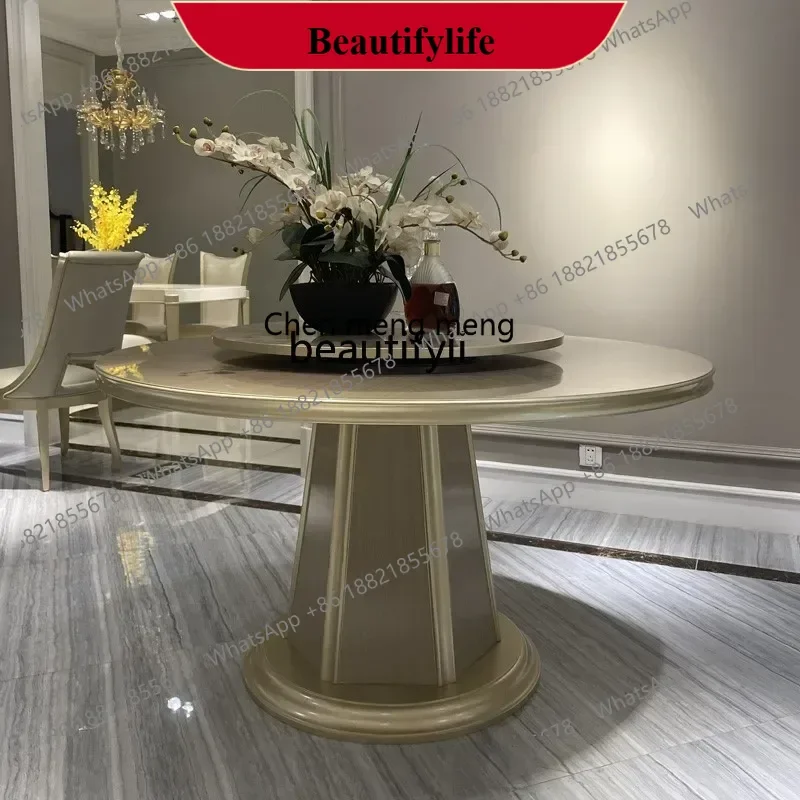 z183 American light luxury solid wood with turntable round dining table, modern and simple, dining table furniture
