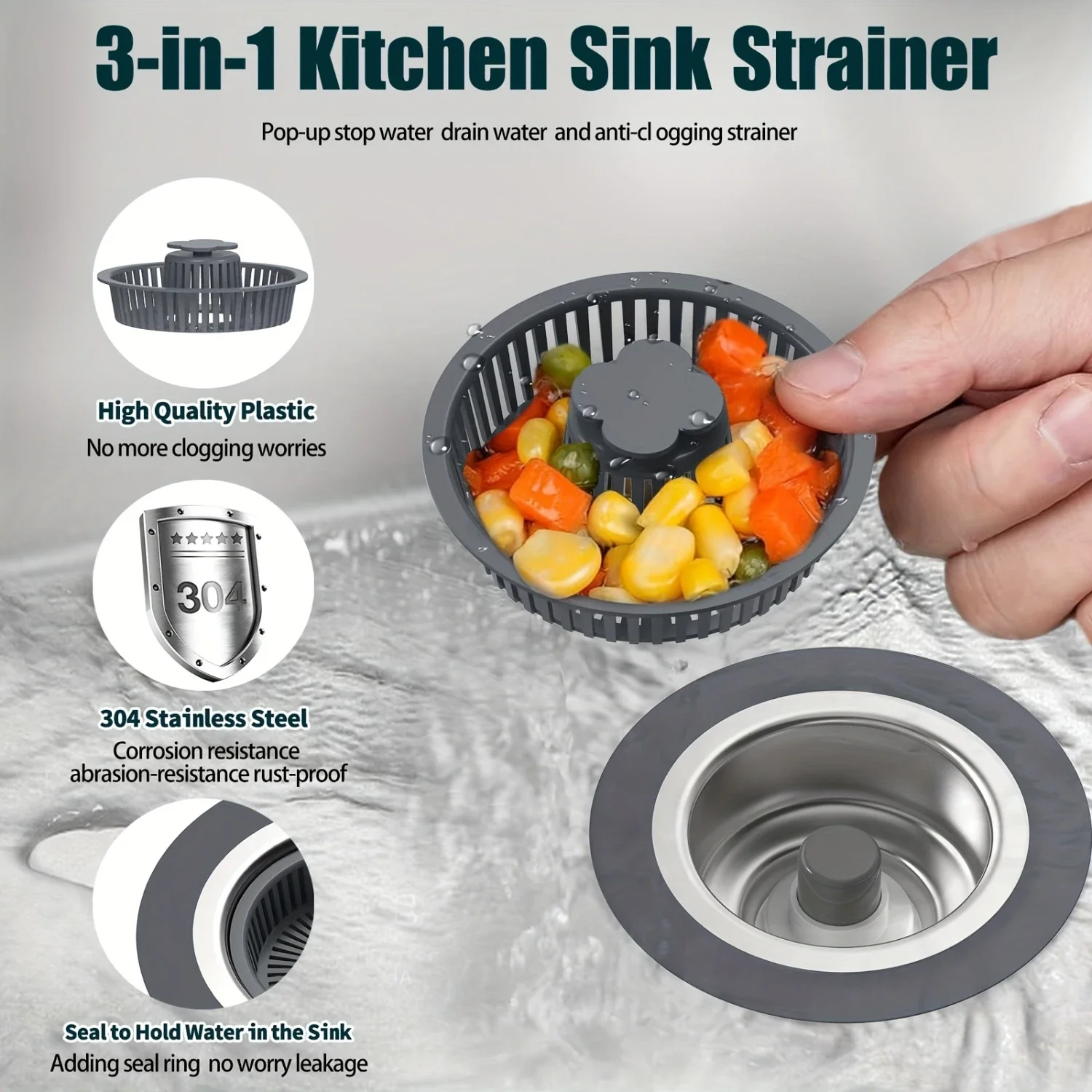 -up Kitchen Sink Strainer with Anti-Clogging Basket, 304 Stainless Steel Drain Stopper for Food Scraps Catcher and Seal to Hold