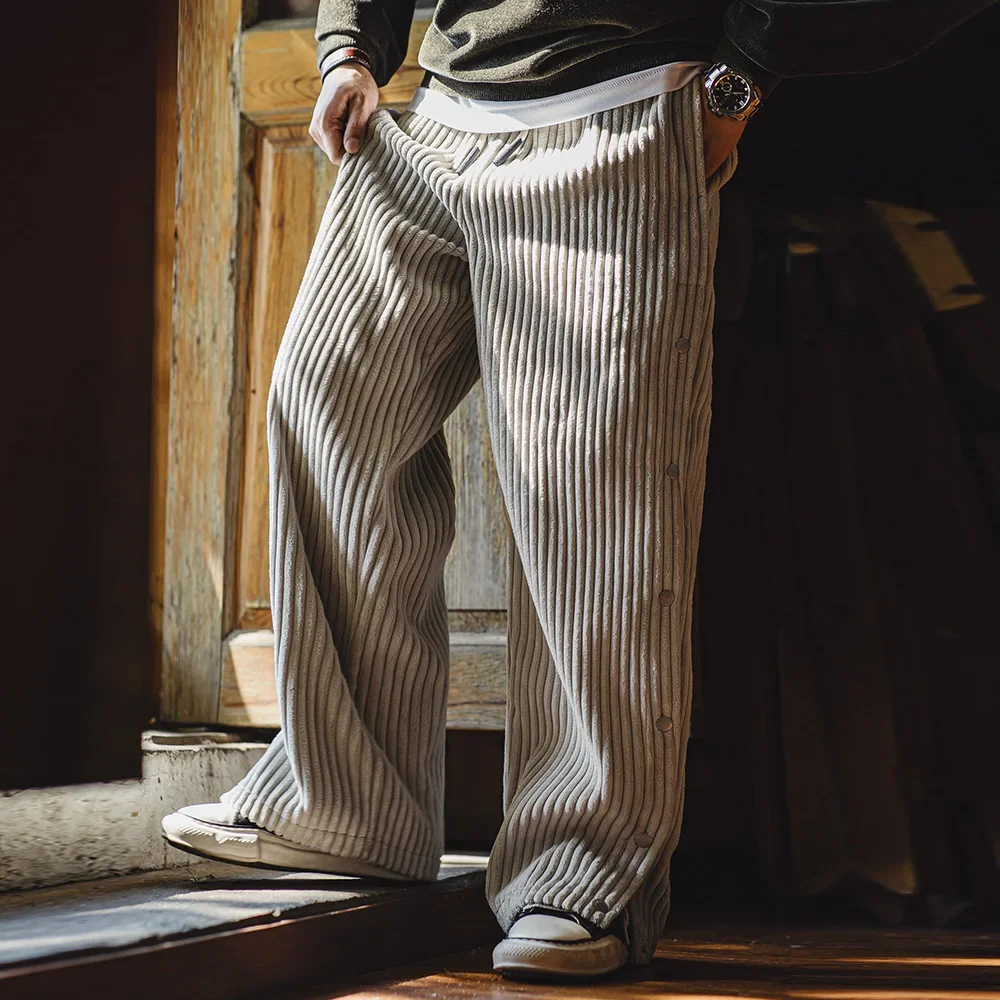 Maden Retro WARM Corduroy Snap-up Sweatpants หลวมเอวยางยืดกีฬาสบายๆขาตรงกางเกงฤดูใบไม้ร่วงสําหรับชายฤดูหนาวกางเกง