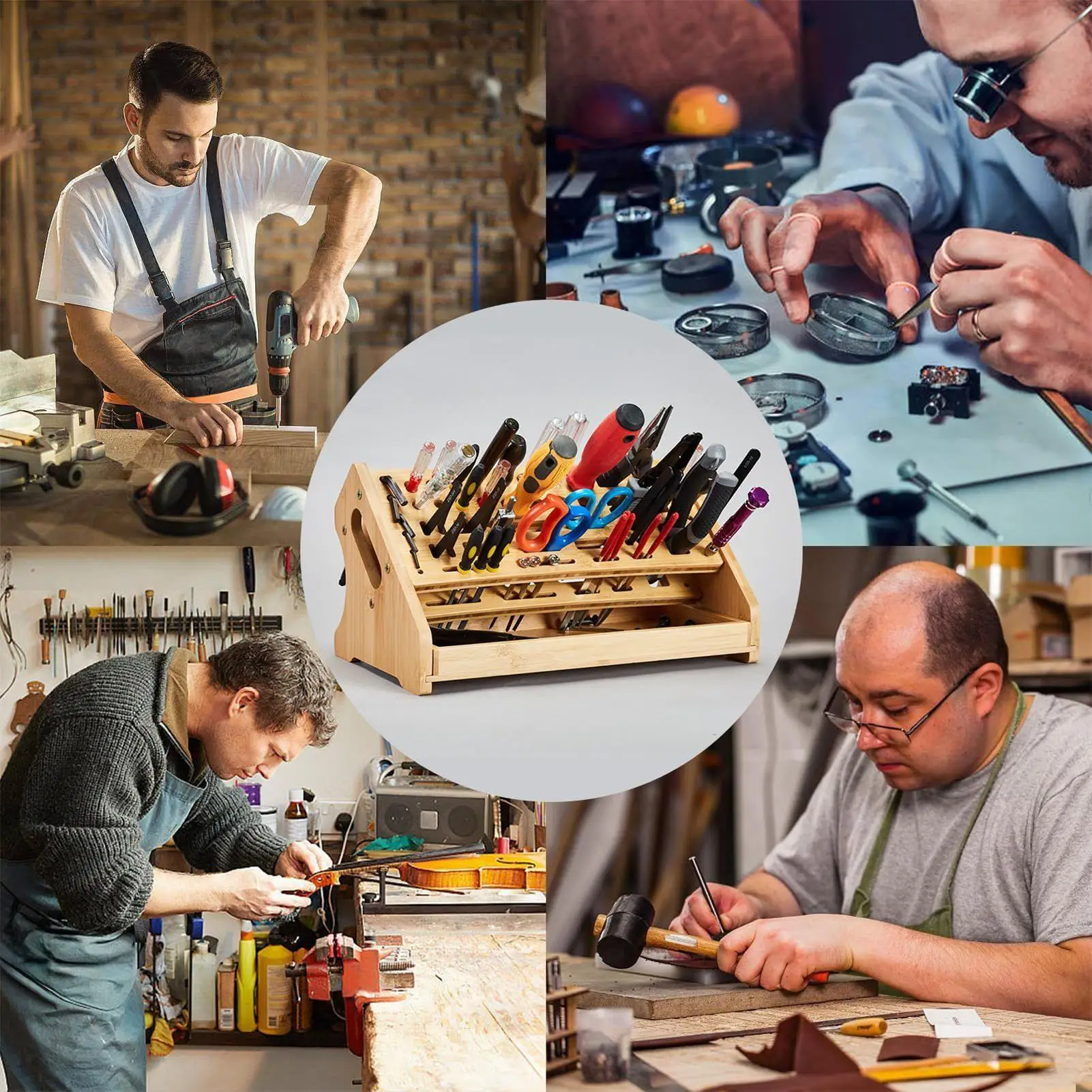 

Стойка для отверток, деревянная полка для хранения с 53 отверстиями и подносом, органайзер для ручных инструментов для хобби, ремонта, настольная книжная полка, перфорированная доска, гараж