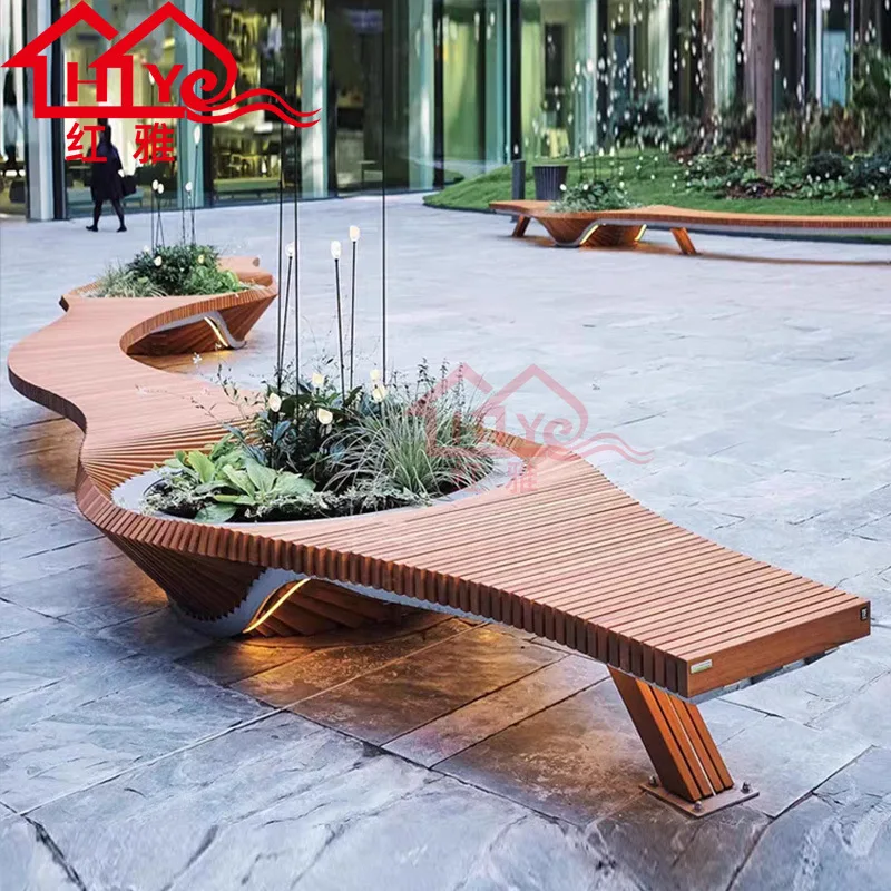 Outdoor preservative wood sliced leisure chair square park flower pot seat combination shopping mall  special waiting seat