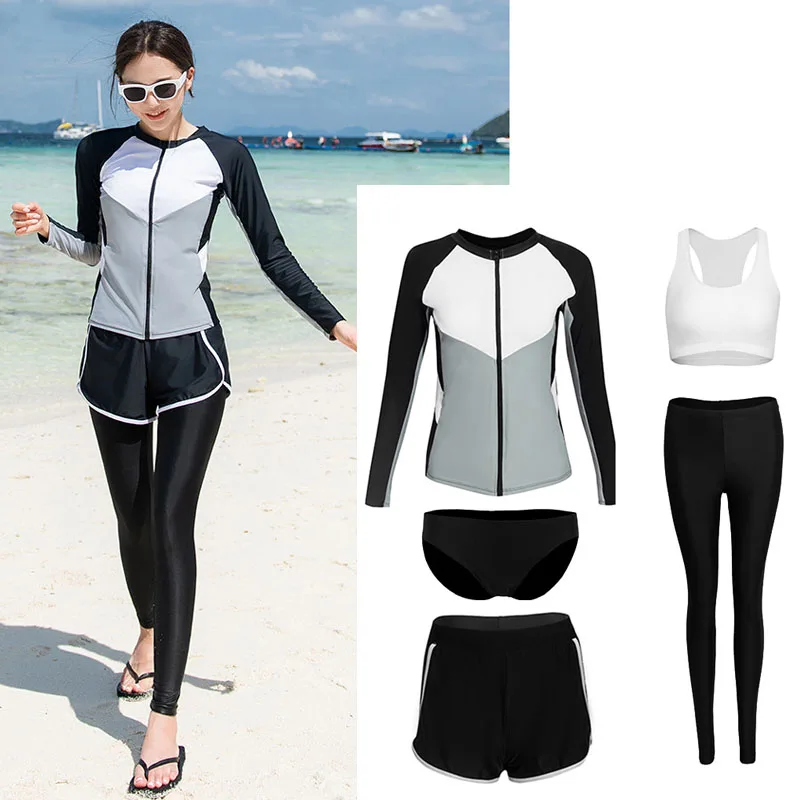 

Women's 5 Piece Long Sleeve Rash Guard, Full Body Swimsuits, Zip Front Bathing Suit, Tankini, Bikini With Shirt/Leggings