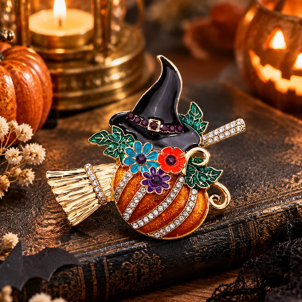 Halloween Pumpkin Witch Hat Broom Enamel Brooch Colorful Flower Rhinestone Lapel Pin Fall Festival Costume Jewelry