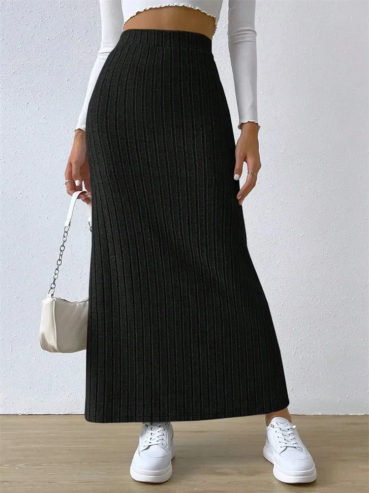 Women Rib-knit Side Split Maxi Skirt Autumn Spring Casual Elegant High Waist Straight Skirt