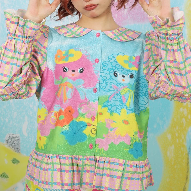 Original Design Cute Pink Animal Print Women's Clothing 2025 Autumn New Sweet Girl Y2k Plaid Splicing Versatile Shirts Ladies