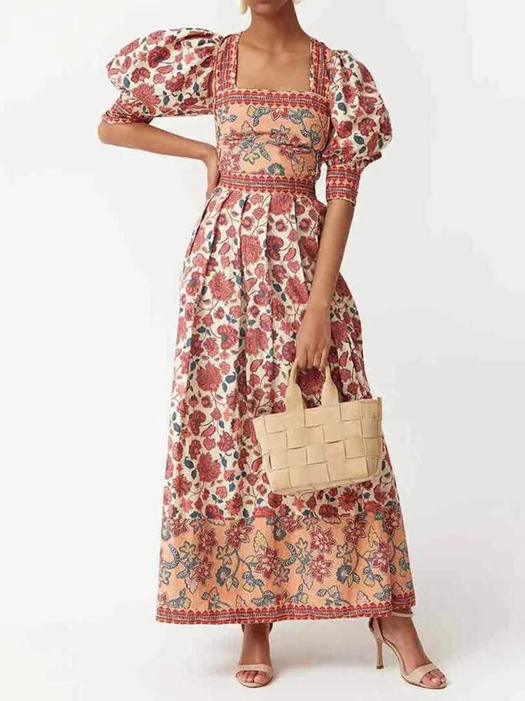 Retro Square COLLAR Lacing UP เสื้อ TOP Patchwork ชุดผู้หญิงฤดูร้อน Maxi กระโปรง 2 ชิ้นชุด, 2025 พัฟแขน Chic Lady ชุด