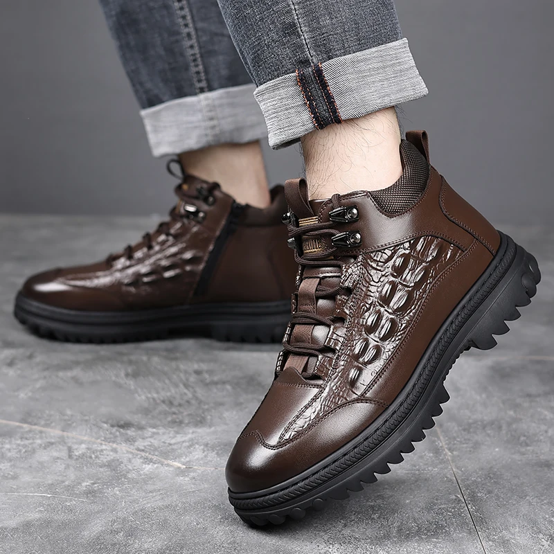 

Зимние теплые зимние ботинки из натуральной кожи, бархатные модные мужские повседневные ботинки из крокодиловой кожи с рисунком, роскошные брендовые высокие ботинки