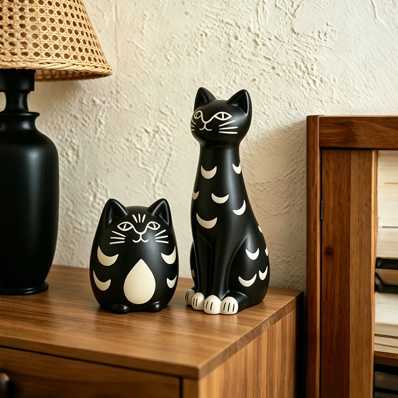 Ensemble de figurines de chat à motif lune noire, sculpture animale de dessin animé, décoration pour entrée, bureau, table basse, ornement minimaliste pour la maison