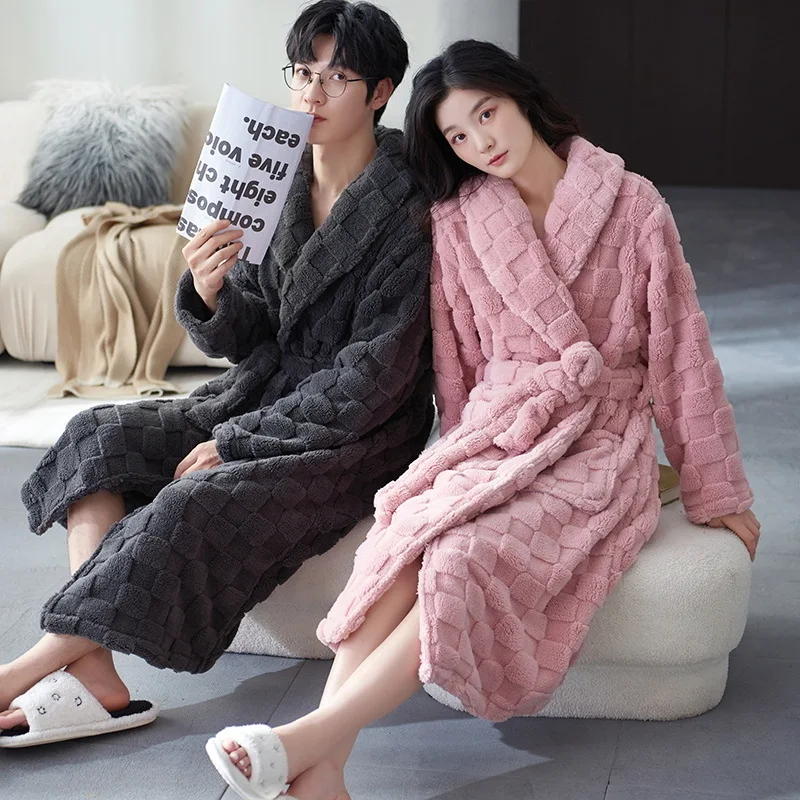 

Large Coral Fleece Bathrobe Couple Flannel Pajamas Men's Sleepwear Women's Autumn Winter Long Burgundy Wedding Home Clothes