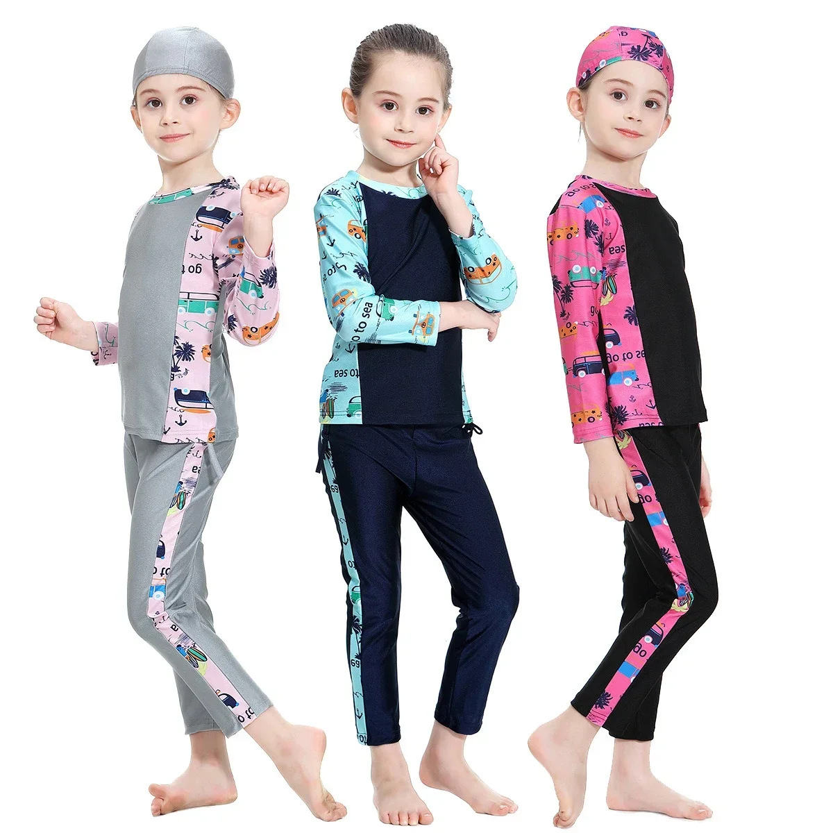 

Kids Muslimah Swimming Wear Elastic Hijab Islamic Swim Suits Girls Printing Swimwear Rash Guards Tankini Burkini Muslim Mujer