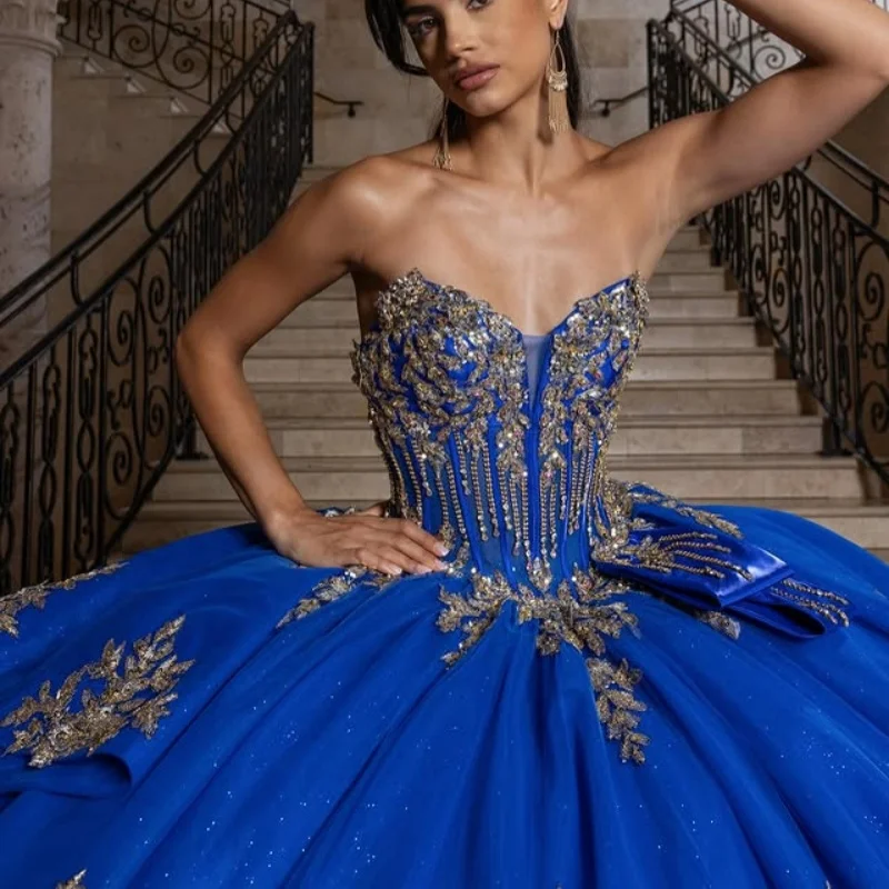 Shiny royal blue Quinceanera Dress off-shoulder crystal layering glitter decal Long tail vestidos de 15 Quinceanera ﻿Customize