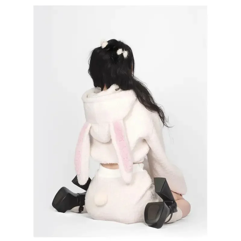 Новинка 2024, пушистая толстовка с кроличьими ушками для косплея, пальто с капюшоном для женщин Y2k E-Girl, облегающие юбки с высокой талией и разрезом, зимние утепленные теплые комплекты # 1 # В.