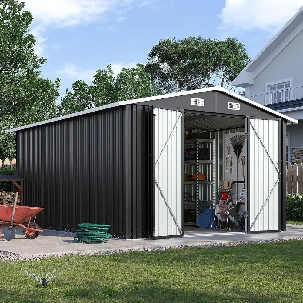 

10x12 Outdoor Metal Storage Shed with Lockable Doors and Sloping Roof - Weather-Resistant for Garden, Patio, and Poolside