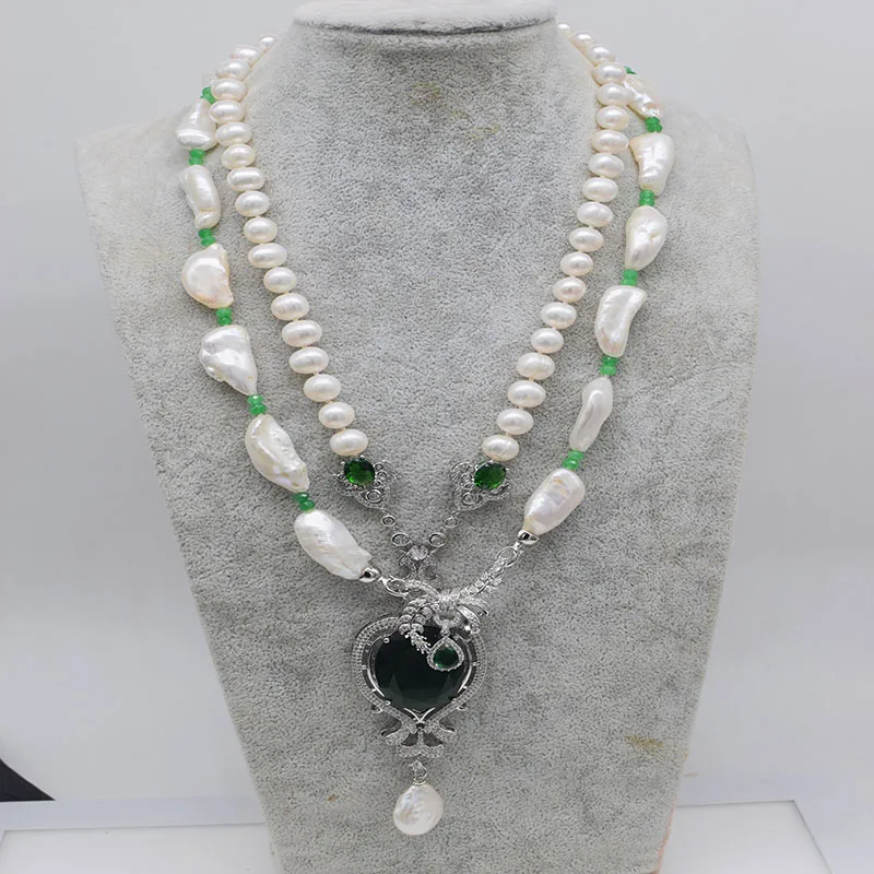 

freshwater pearl white biwa drop baroque reborn keshi green jade pendant sweater necklace