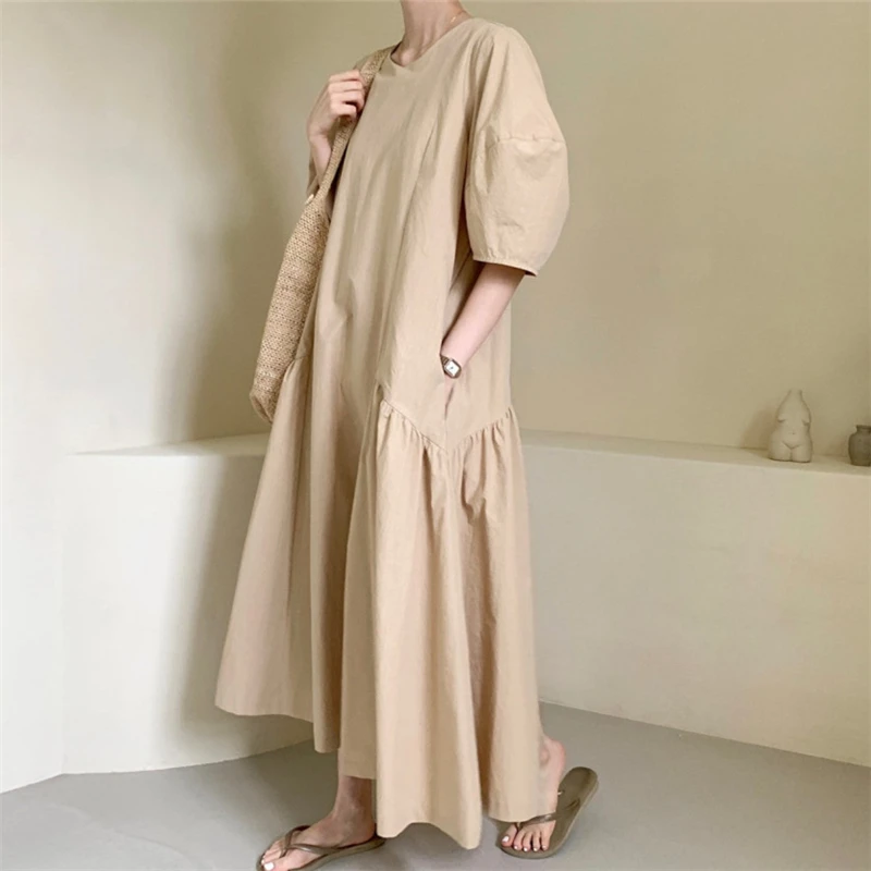 REALEFT estate 2024 nuovi abiti lunghi da donna irregolari a vita alta con maniche a sbuffo o-collo Casual abito dritto allentato femminile