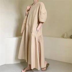 REALEFT Summer 2026 New Irregular Women's Long Dresses High Waist Puff Sleeve O-Neck Casual Loose Straight Dress Female