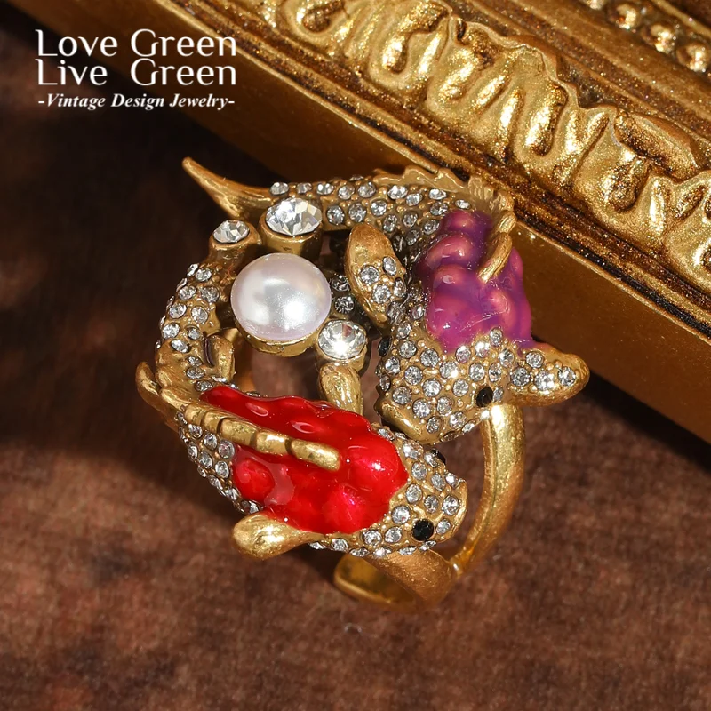 

Vintage Pisces Fish Pearls Ring Antique Gold Color Elegant Unique For Woman Rhinestone Jewelry Trends New High Quality Wedding