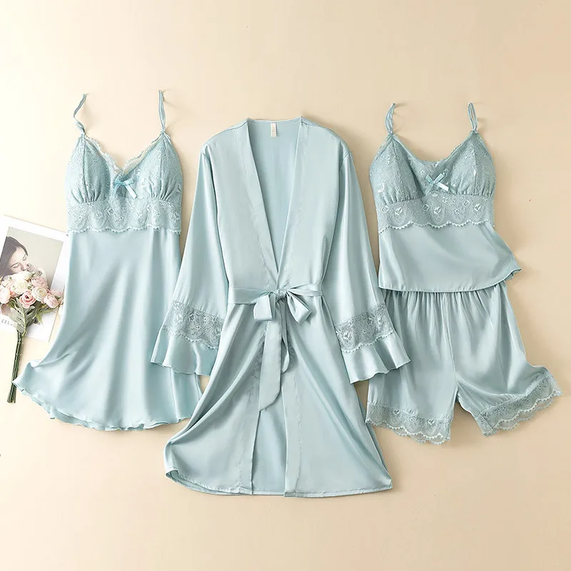 

4PC Pajamas Kimono Robe Womens Strap Top Pants Suit Sleepwear Sets Summer Female Home Wear Nightwear Bath Gown Bathrobe