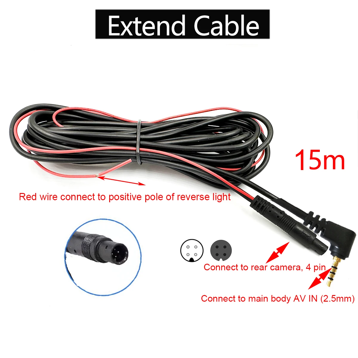 Rear Camera Extension Cord Cable 15m 50 for feets  for WOLFBOX  G840S / G930/ G840H / G850 / G900  Mirror Dash Cam 4 pin, 2.5mm