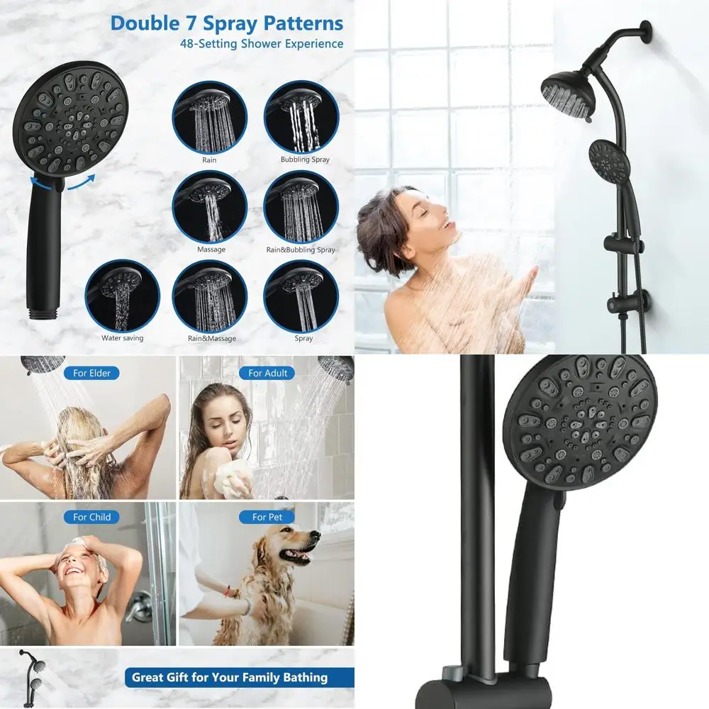 

Adjustable Height Matte Black Shower Combo with 48-Setting Handheld and 3-Way Diverter