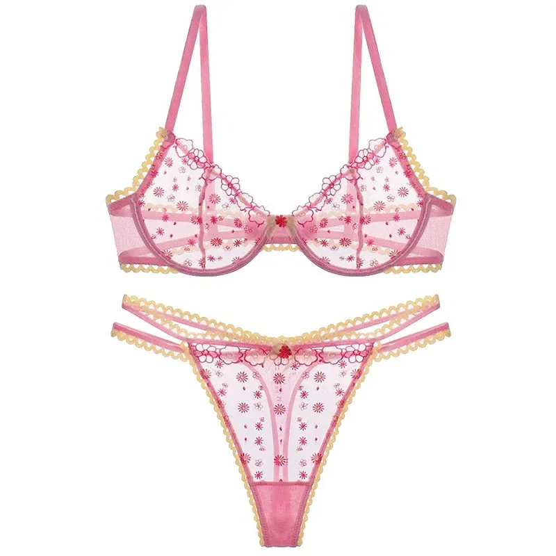 

Women Sexy Thin Bra Set See Through Lingerie Flower Embroidery Thong Underwear Set Bra and Panty Set