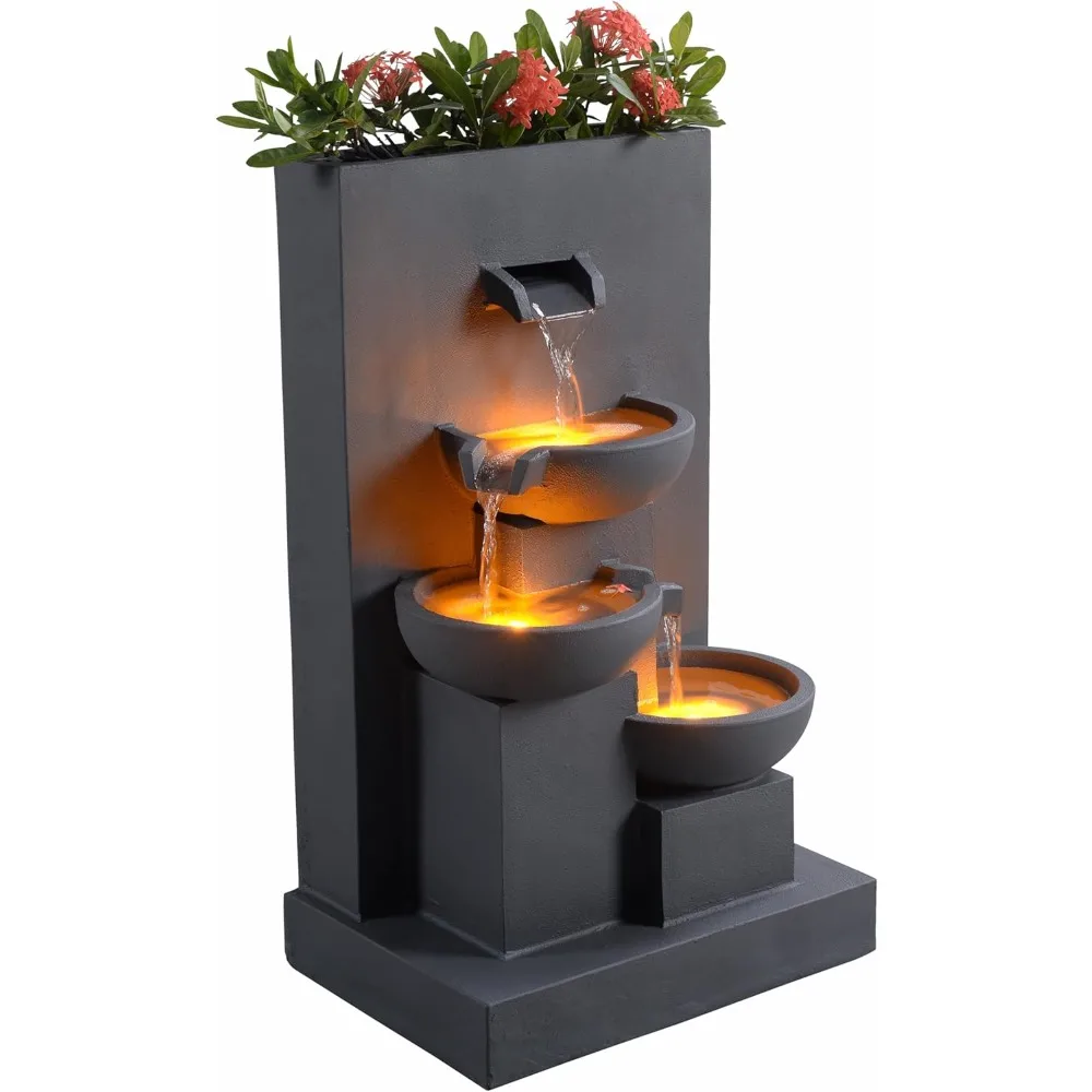 

29.13 in. 3-Tier Cascading Outdoor Water Fountain with Planter, LED Lights for Gardens, Landscaping, Patios, Balcon