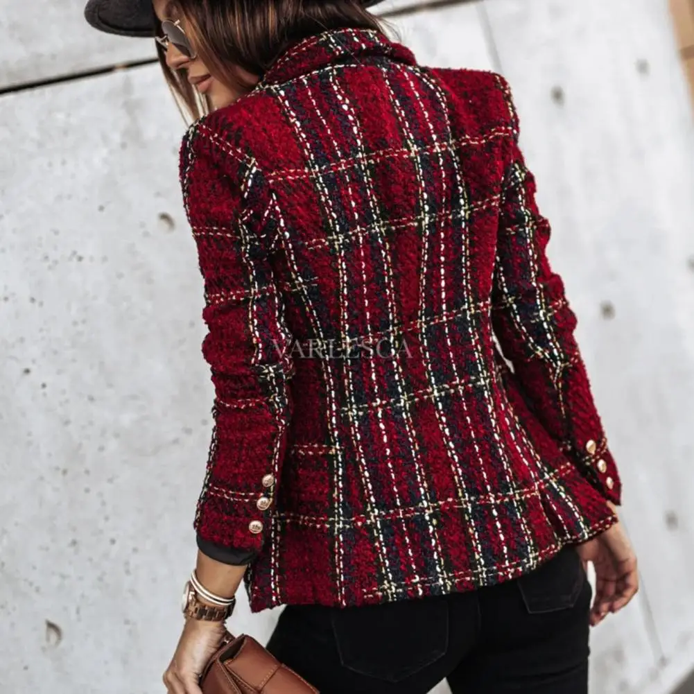 Vintage Women Tweed Blazer Coat Plaid Print Double Breasted Casual Buttons Spring Blazer Slim Fit Flap Pocket Formal Lady Blazer