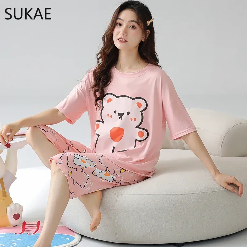 SUKAE M-6XL Big Size Nightwear Calf-length O-Neck Sleepwear Women Faux Cotton Capris Pajama Pijamas for Woman Lady Pajamas Set