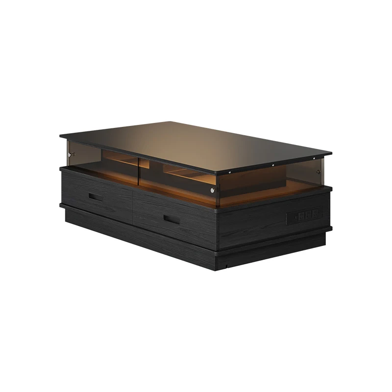 

Rock slab coffee table Solid wood with pumping with lighting atmosphere Black rectangular small apartment Modern simple