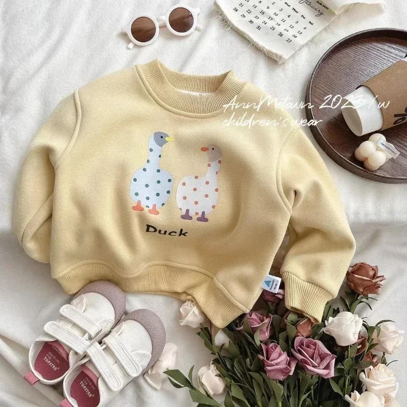 HoneyCherry Winter Padded Cartoon Printed Sweatshirt Cute One-piece Fleece Warm Top Kids Clothes