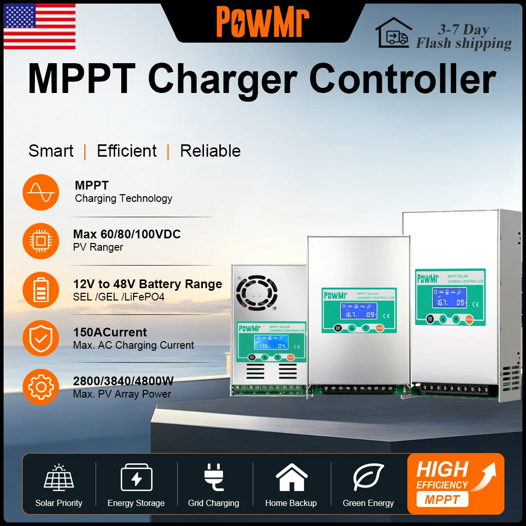 PowMr MPPT Solar Charge Controller 60A/80A/100A 12V/24V/36V/48V Auto 150V PV Input 99% Tracking Efficiency with LCD Display 3-Stage Charging for Lead-Acid Lithium Off-Grid Solar System