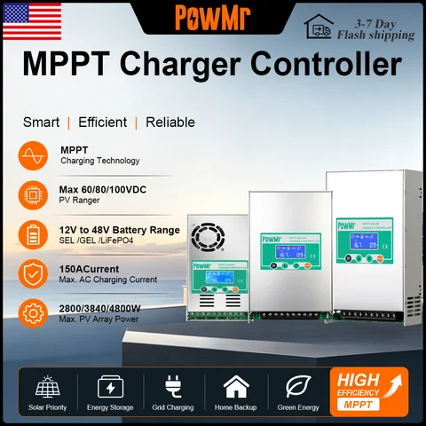 PowMr MPPT Solar Charge Controller 60A/80A/100A 12V/24V/36V/48V Auto 150V PV Input 99% Tracking Efficiency with LCD Display 3-Stage Charging for Lead-Acid Lithium Off-Grid Solar System