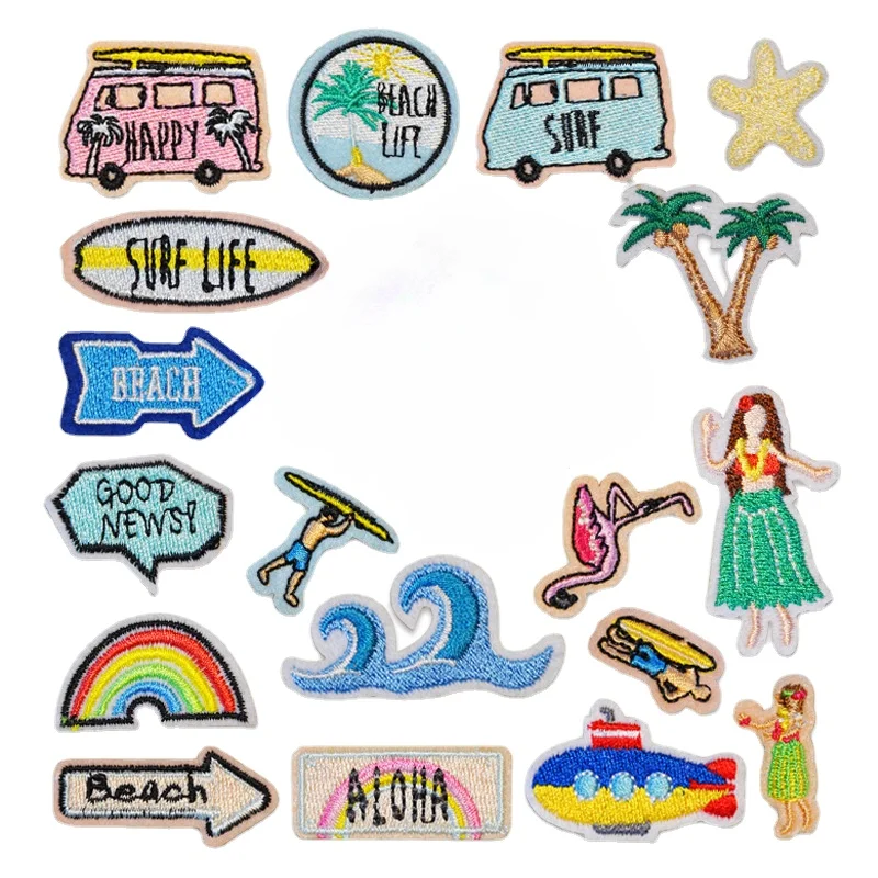 

100pcs/Lot Stick-on Embroidery Patch Sea Wave Beach Sail Bus Rainbow Plane Coconut Flamingo Surf Shirt Bag Clothing Decoration