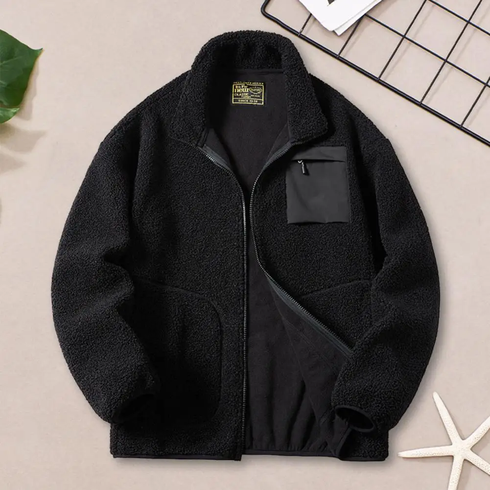 Faux Lambswool Jacket Coat Autumn Winter Zipper Placket Stand Collar Long Sleeve Solid Color Coat with Pockets