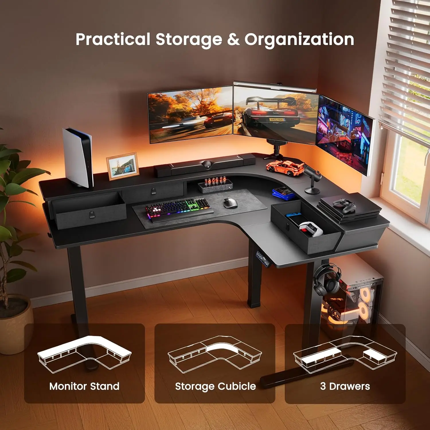 65″ L Shaped Gaming Desk with 3 Drawers, Standing Desk Height Adjustable w/Monitor Shelf [C-Clamp Mount Compatible]