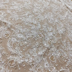 1.5M Wide 3M Long French Chantilly Lace with Beads Sequins Off White Beading Lace for Wedding Gown 2024 Latest Luxury Laces