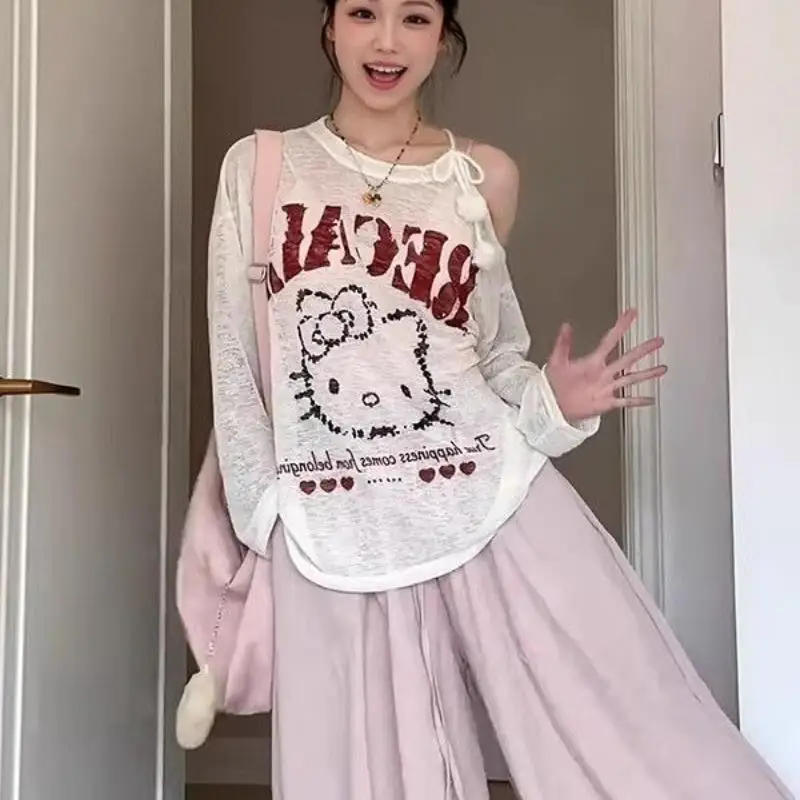 

Hello Kitty, модная одежда для девочек, Sanrio Kawaii, свитер, футболка с длинными рукавами, солнцезащитный крем, летний новый стиль, свободные без плеч