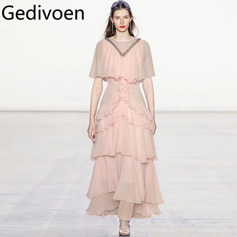 

Gedivoen Summer Women's Dress Butterfly sleeve Beading Tiered Ruffles Design High Waiste New Fashion Big Swing Dresses