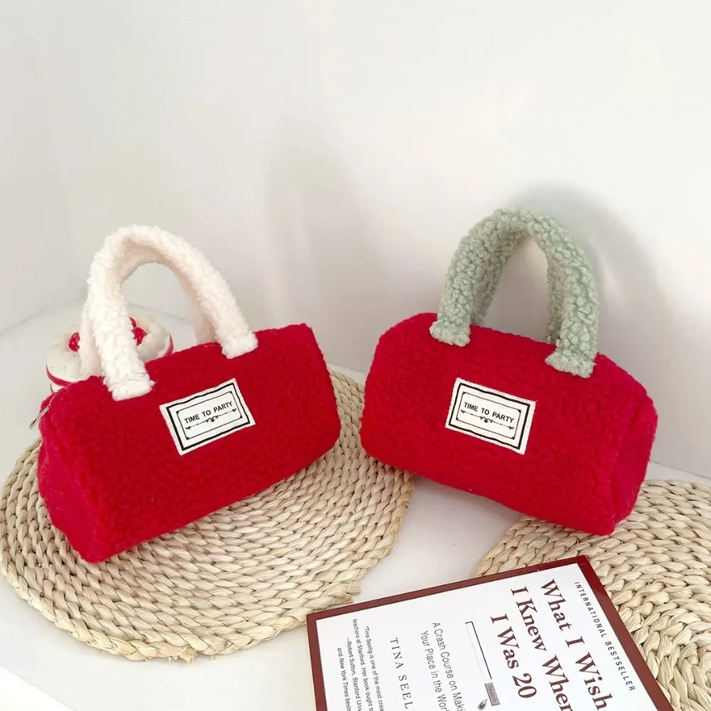 Party PP Cotton Christmas Handbag Soft Large Capacity Plush Red Bag Shoulder Purse Label Color Block Storage Pouch Daily