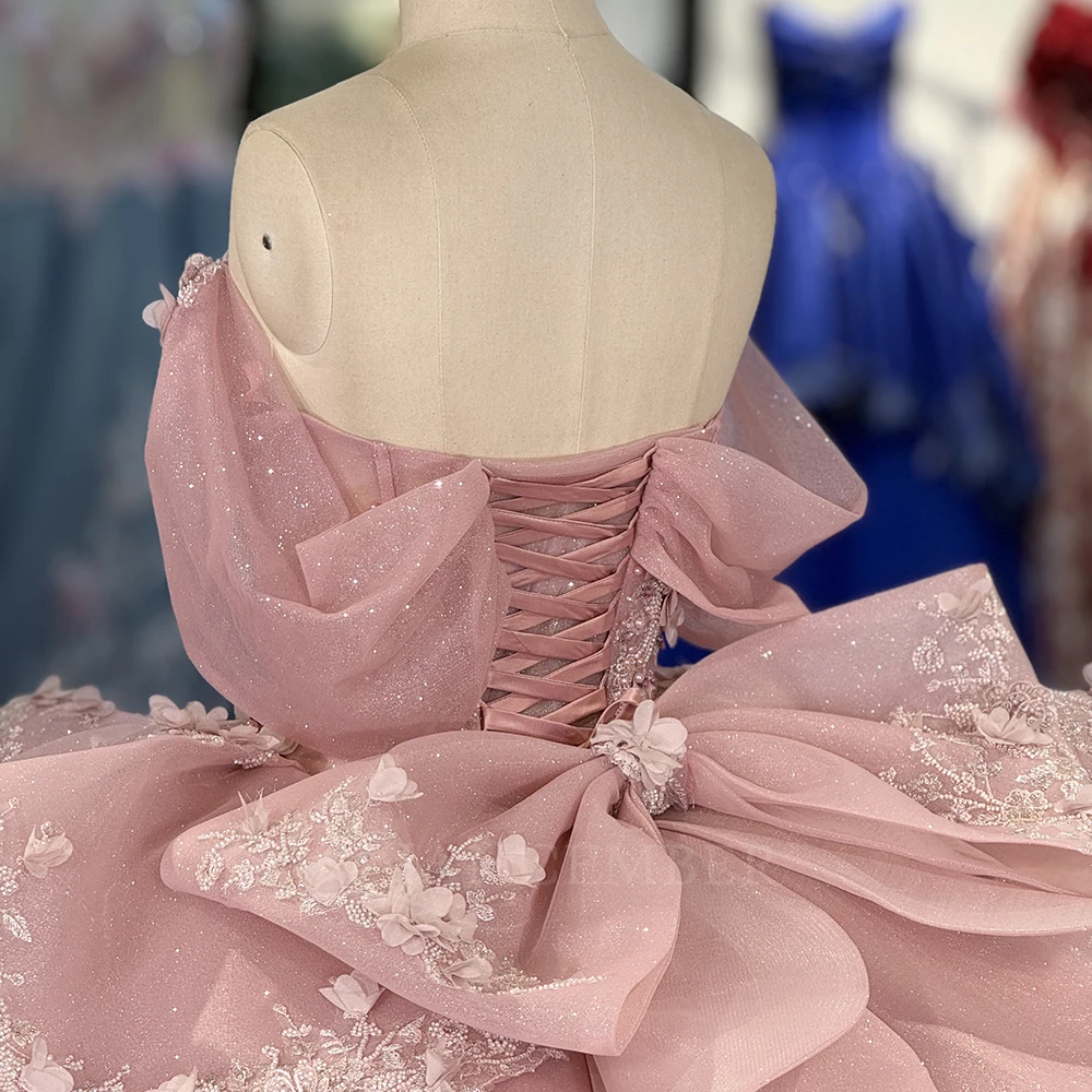 Rose princesse robe de bal Quinceanera robes vestido de 15 quinceañera scintillant 3D fleur dentelle à plusieurs niveaux fête d'anniversaire personnalisé