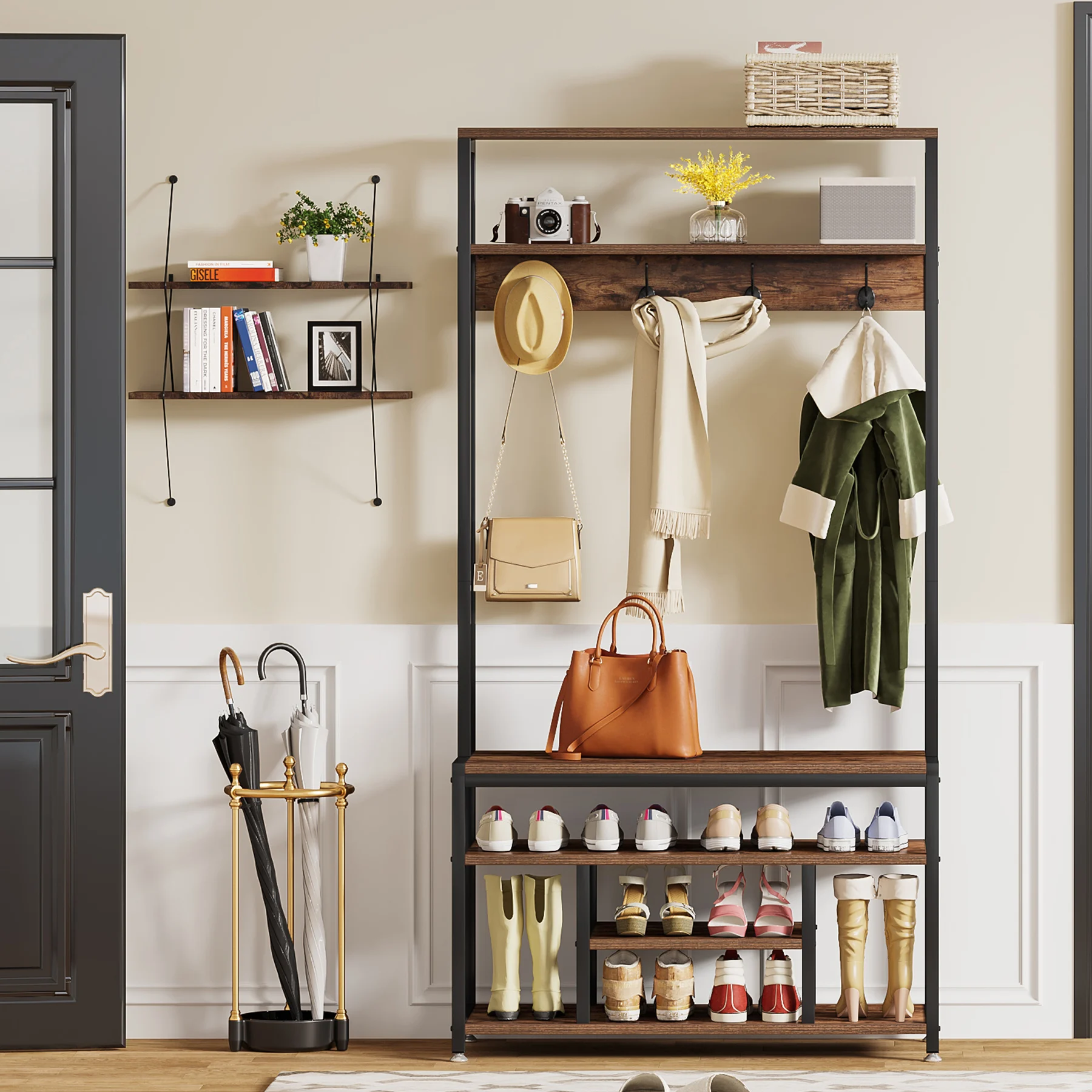 Tribesigns Entryway Bench with Coat Rack, 4 IN 1 Hall Tree with Shoe Rack Shoe Bench, 4 Hanger Hooks and Storage Shelf image 3