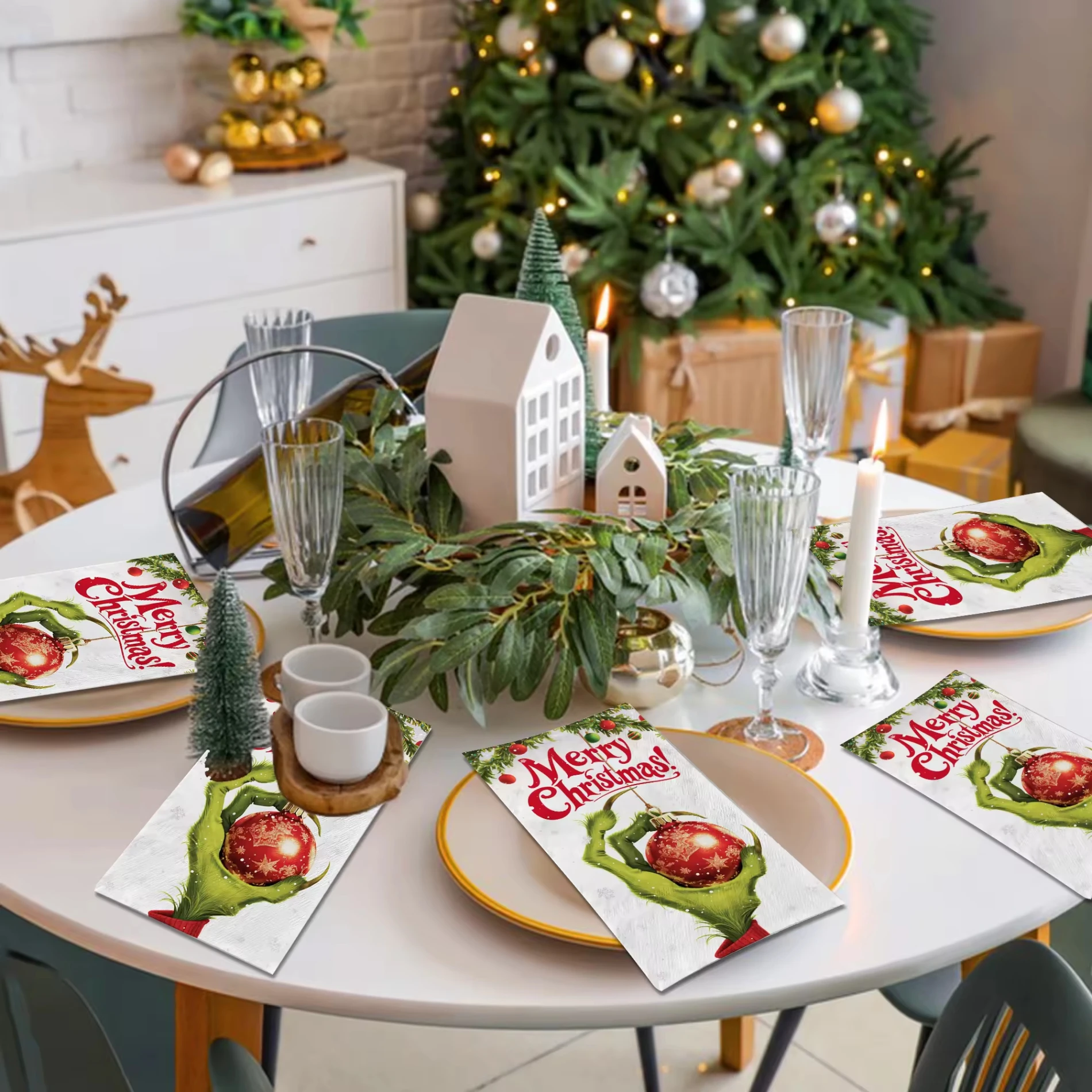 20 Count Merry Christmas! Guest Napkins, Printed with Christmas Ornament Balls & Holly, Table Decors for Xmas, New Year Parties - view 5