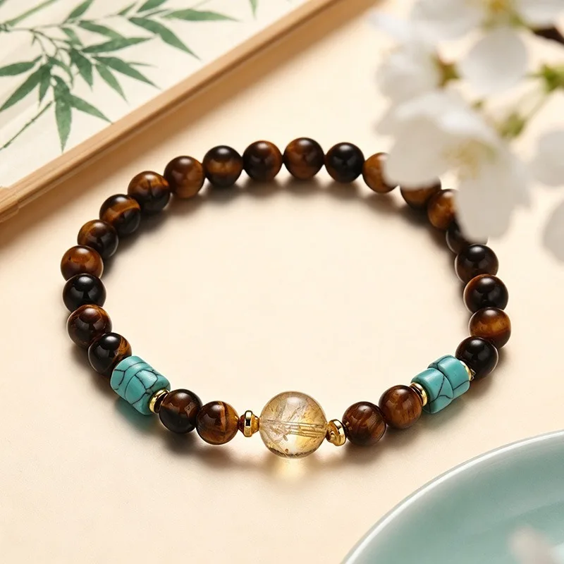 Natural Tiger Eye Yellow Quartz Faux Turquoise Beaded Bracelet Handmade Chinese Style Jewelry Gifts